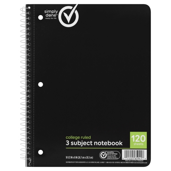 Simply Done 3 Subject Notebook College Ruled 120 Sheets