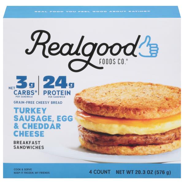 Realgood Turkey Sausage Egg and Cheddar Cheese Breakfast Sandwiches 4 ct